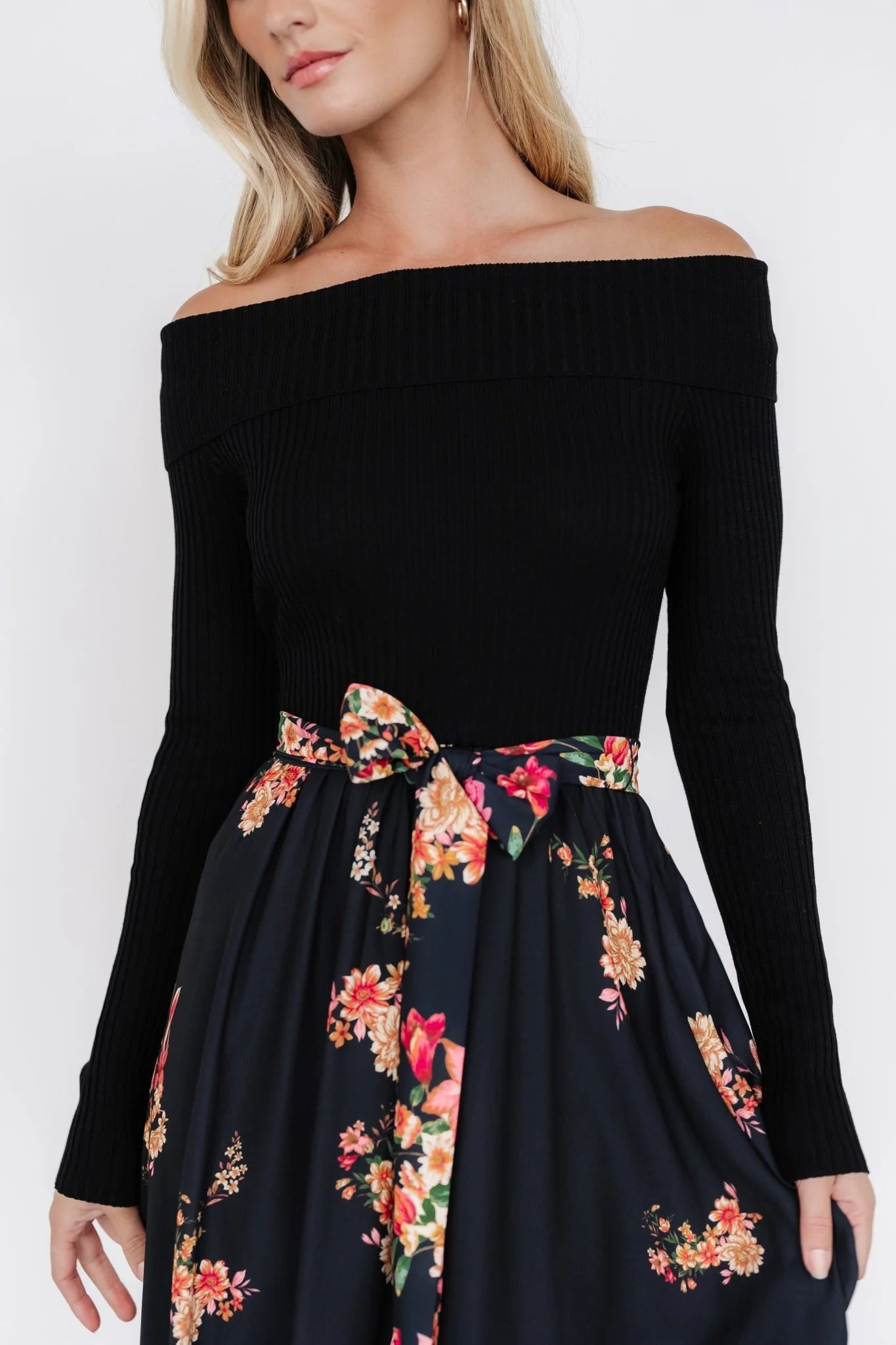Qadira Off Shoulder Dress | Black + Multi Floral