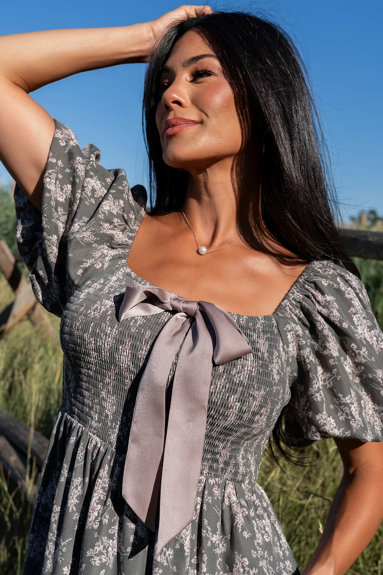 Anastasia Bow Short Dress | Dusty Olive Print