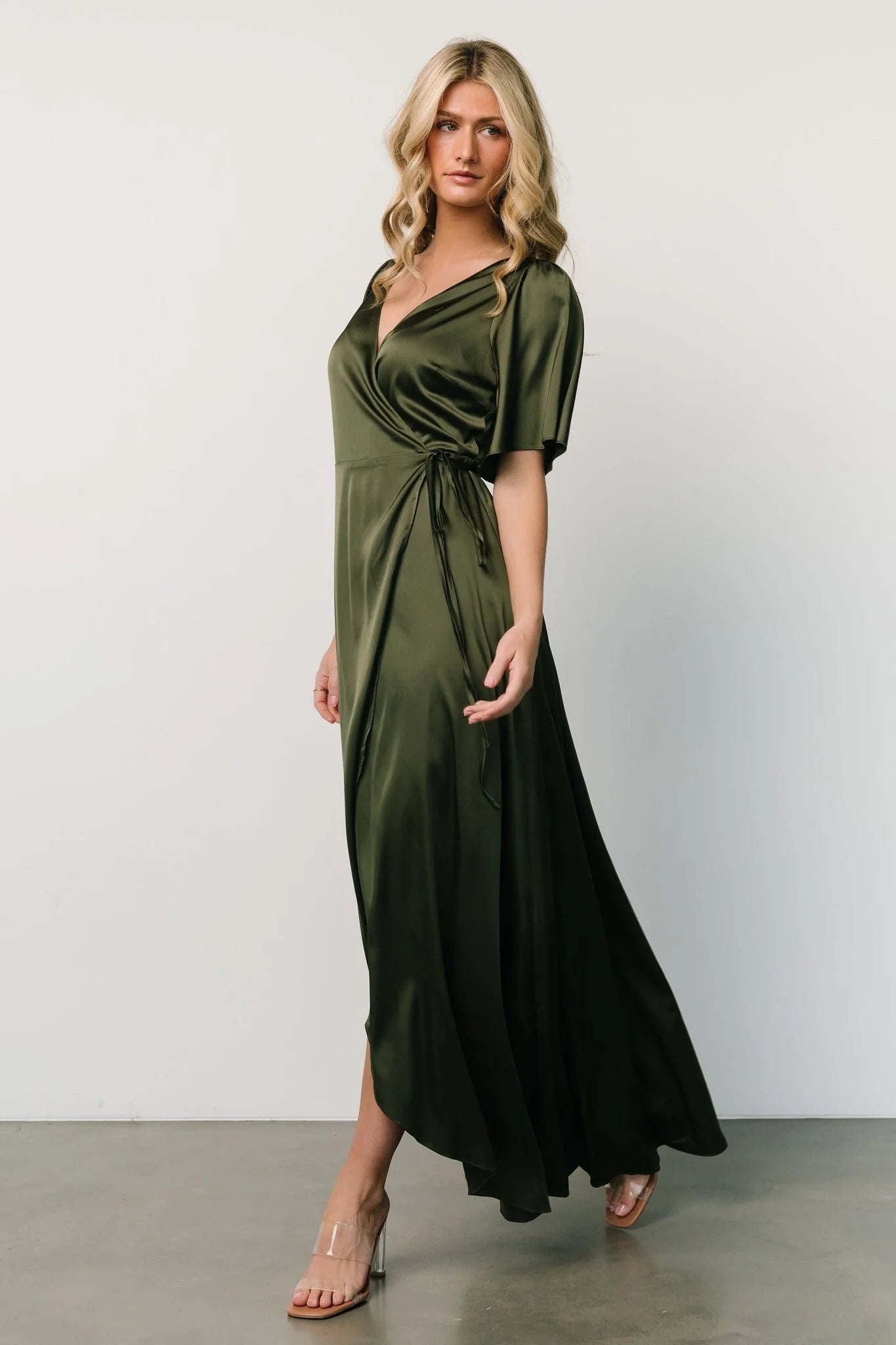 Vara Satin Maxi Wrap Dress | Juniper Green