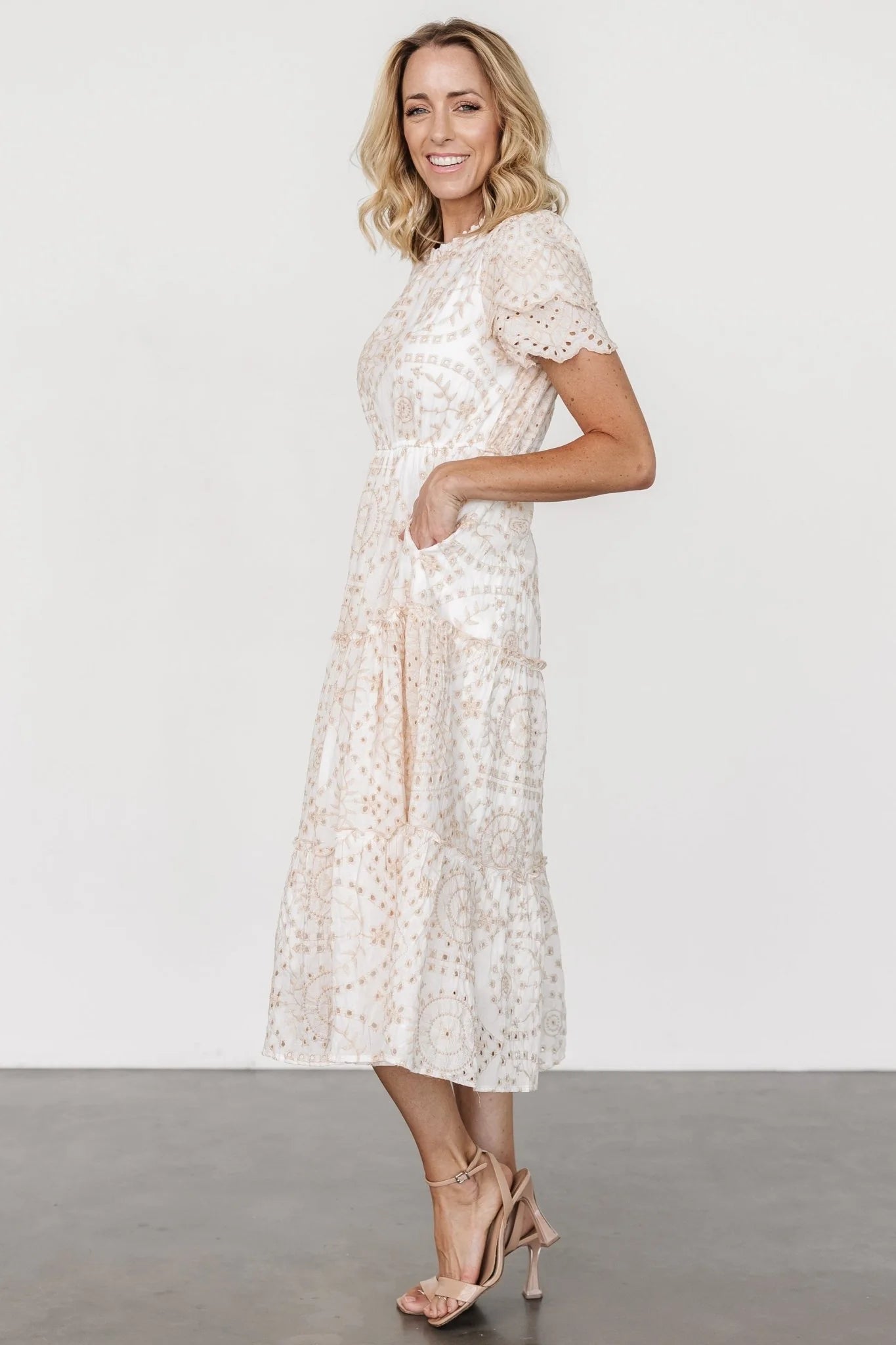 Mirabel Eyelet Midi Dress | White + Natural