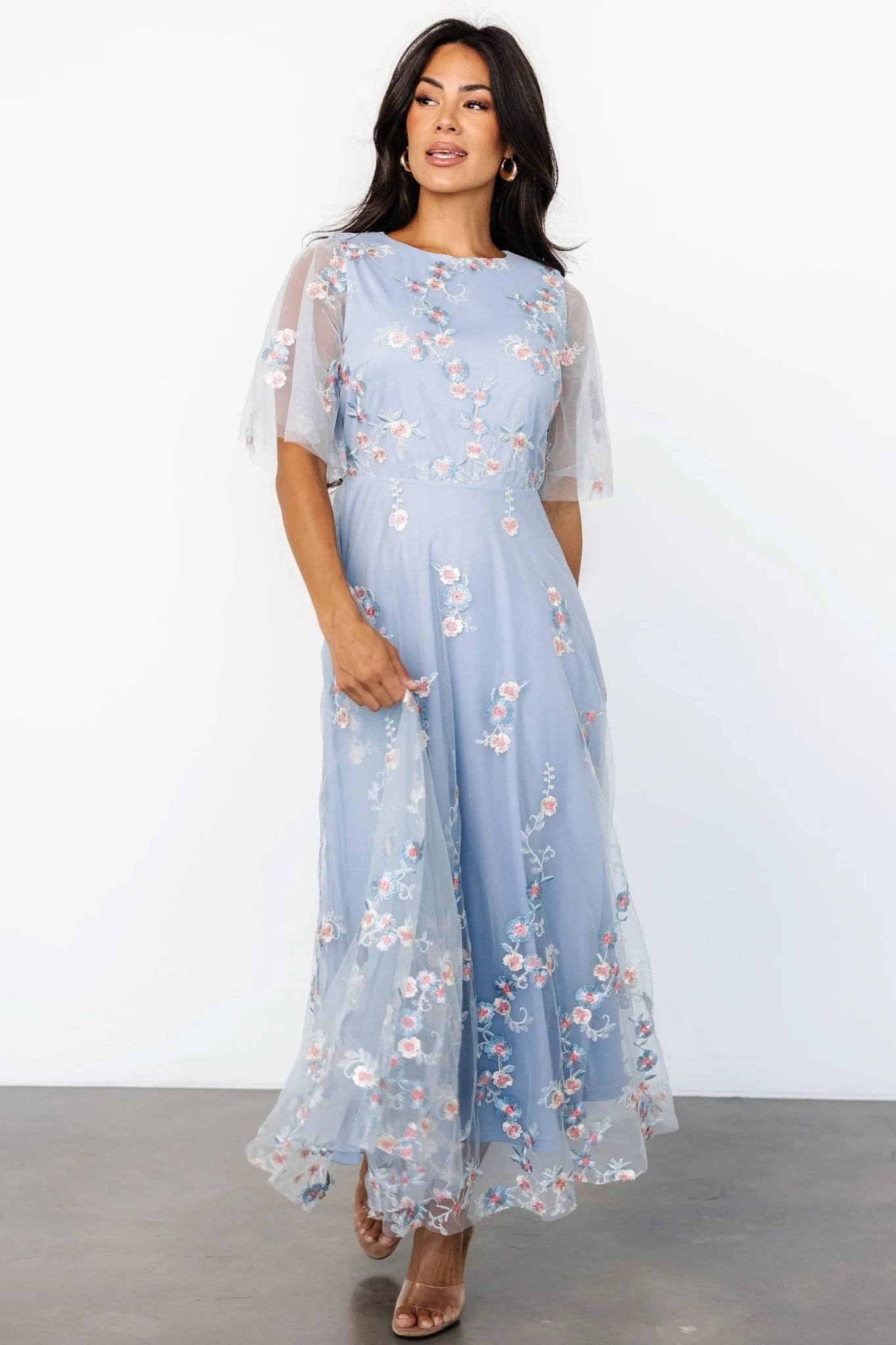 Arabella Embroidered Tulle Maxi Dress | Light Blue + Blush