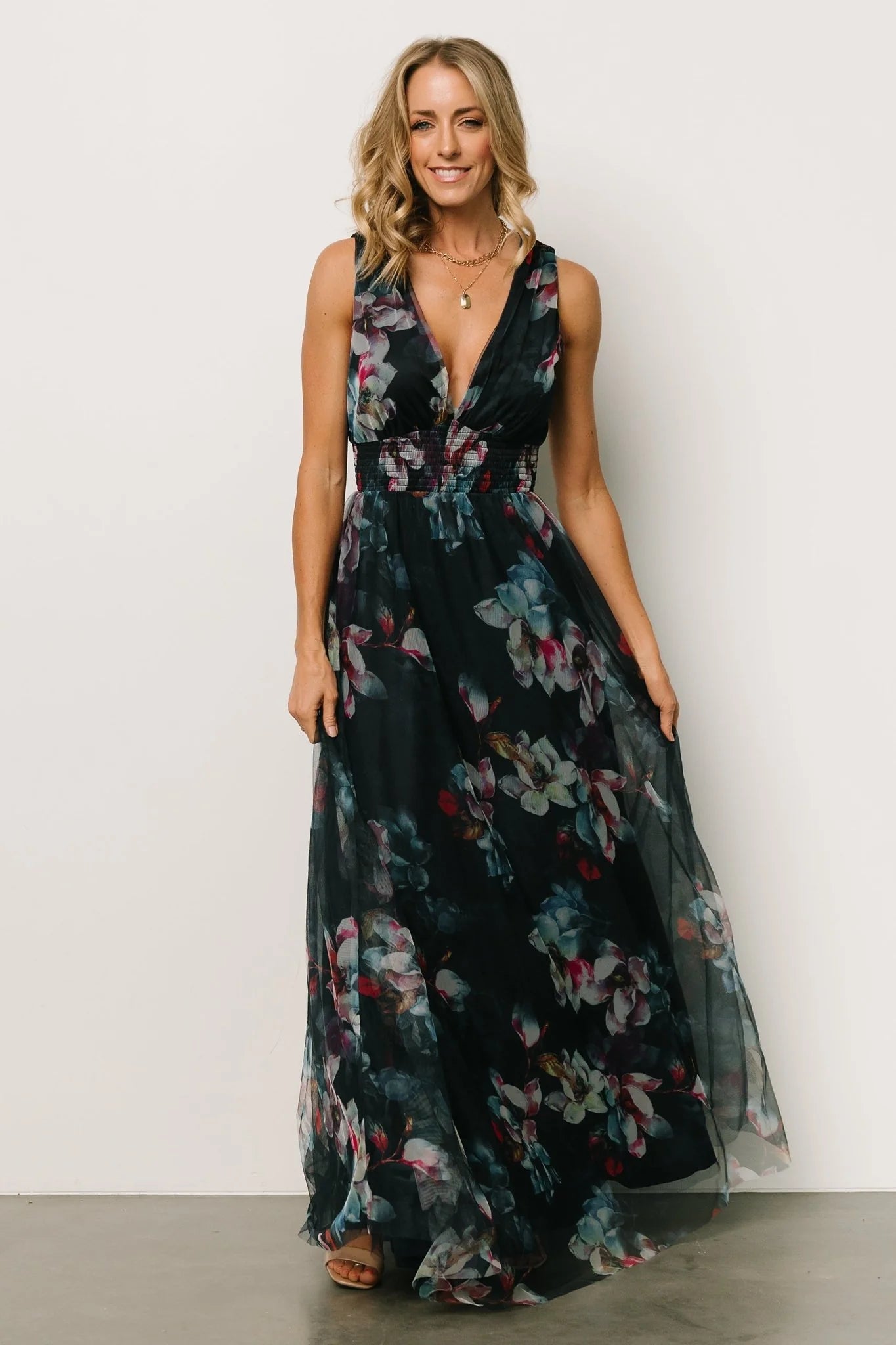 Kamila Tulle Maxi Dress | Navy Abstract Floral