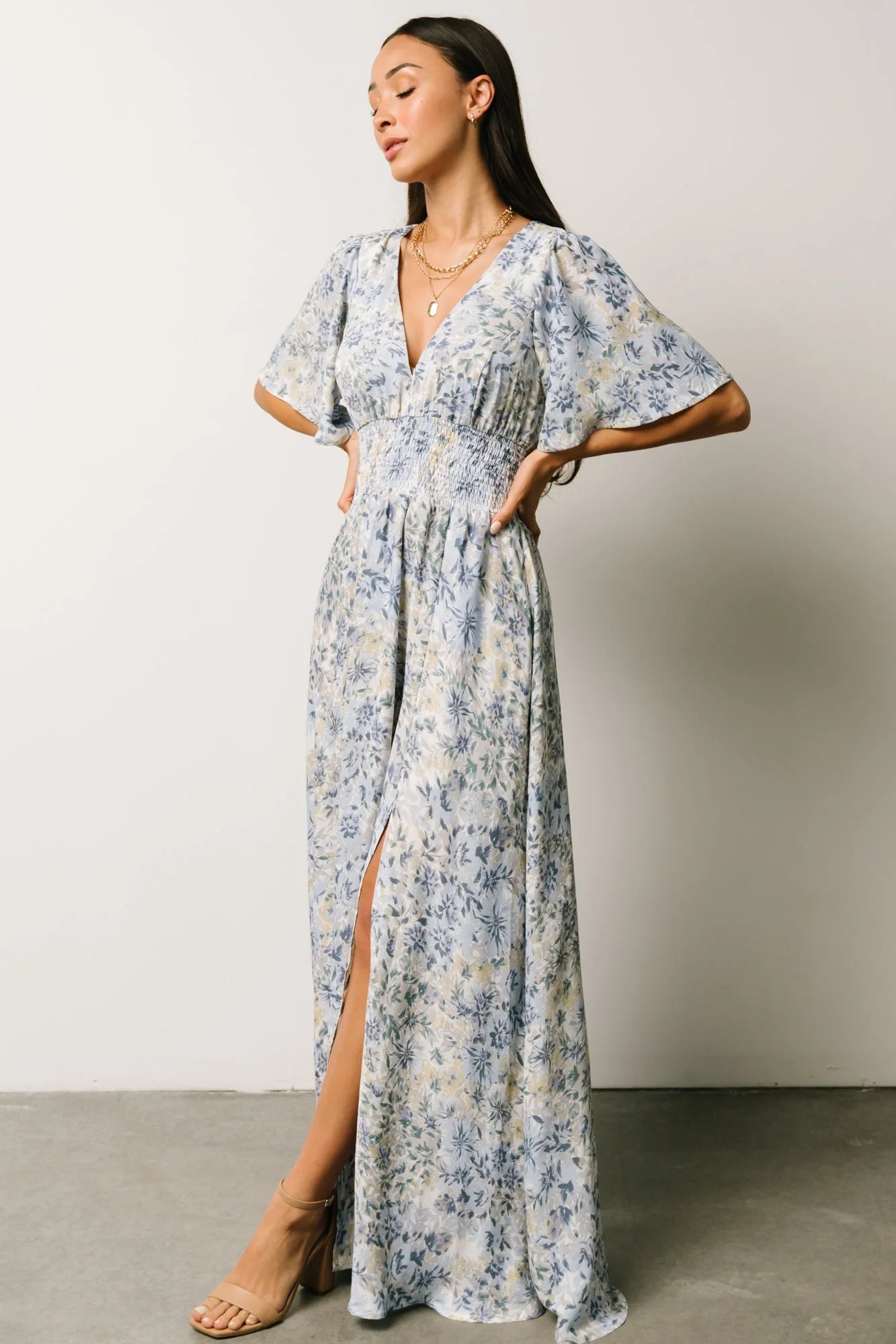Verona Smocked Maxi Dress | White + Blue Print