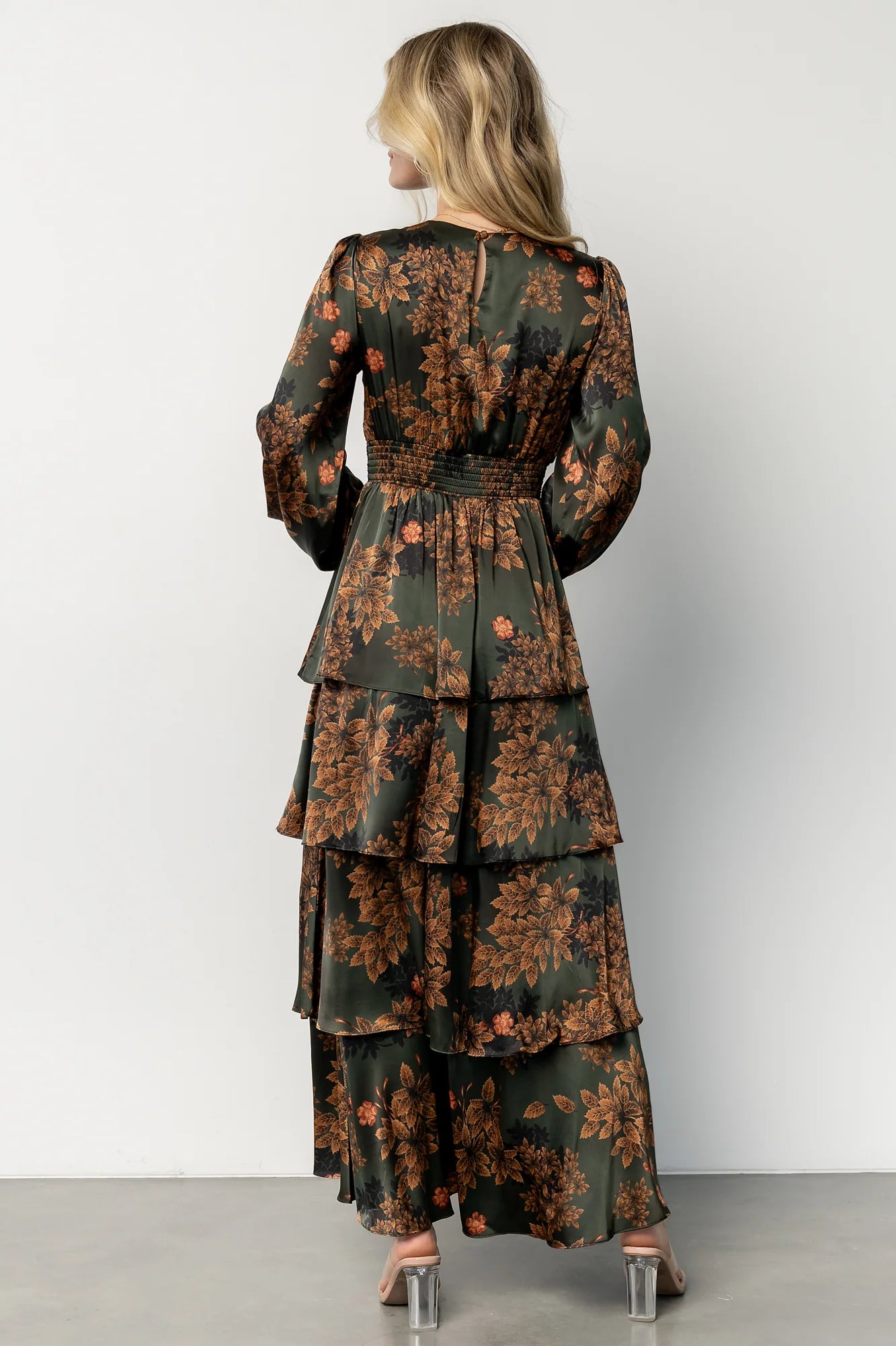 Montrouge Tiered Satin Dress | Olive Floral