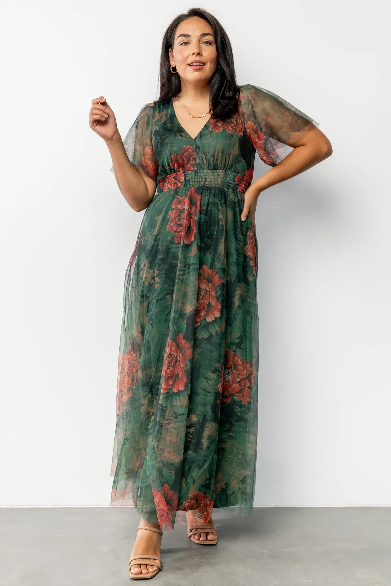 Cressida Tulle Maxi Dress | Dark Green + Red Floral