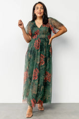 Cressida Tulle Maxi Dress | Dark Green + Red Floral