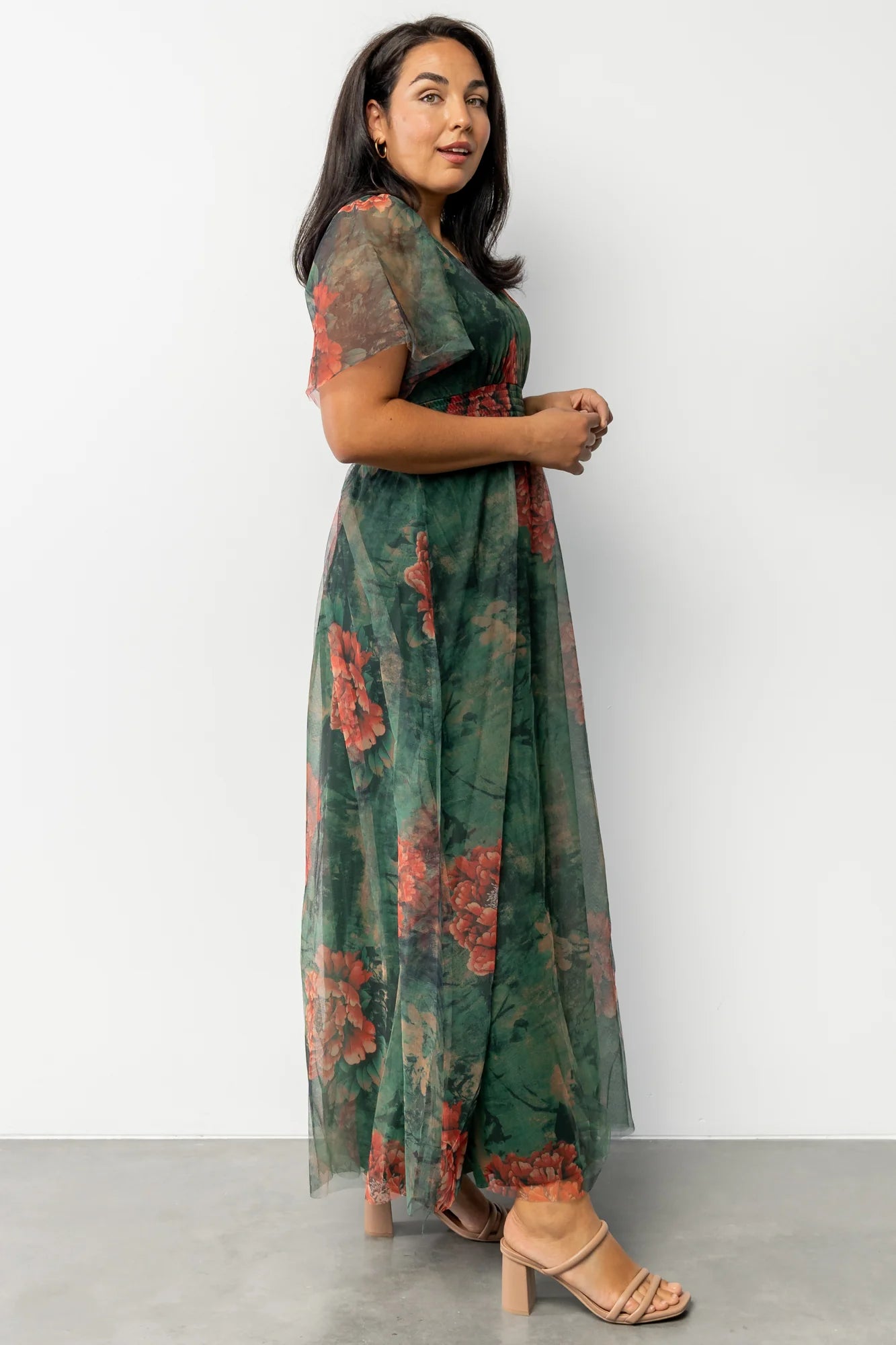 Cressida Tulle Maxi Dress | Dark Green + Red Floral