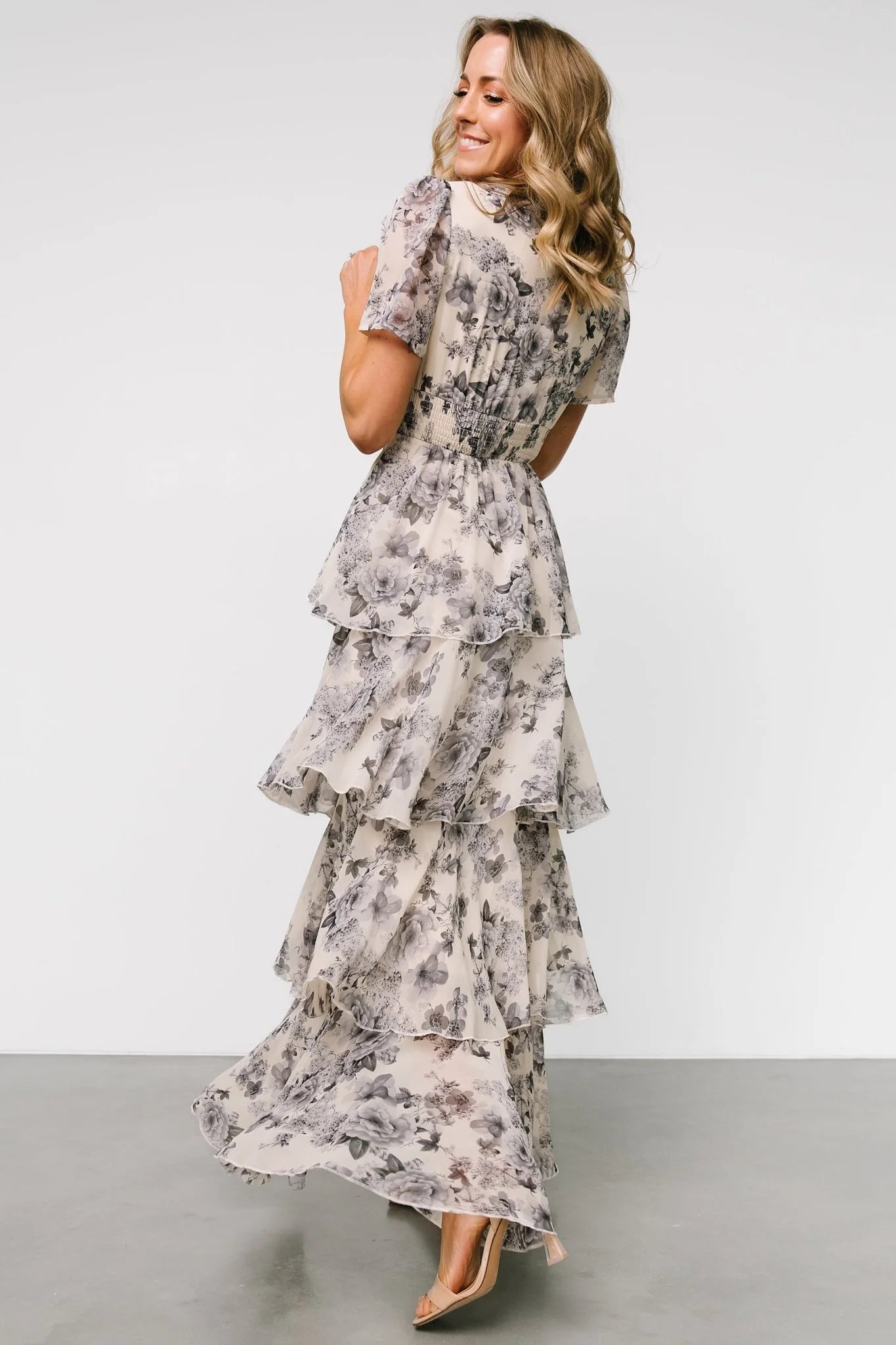 Montaigne Ruffle Maxi Dress | Beige + Slate Floral