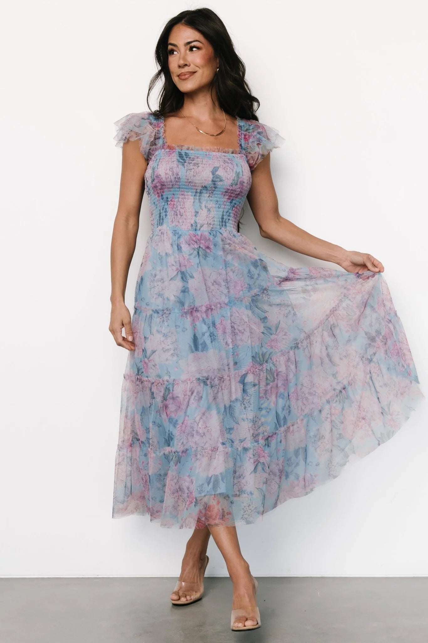 Clementine Tulle Midi Dress | Light Blue + Pink