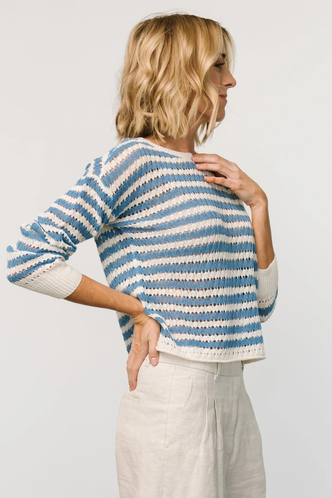 Dawn Open Knit Top | Blue + Ivory