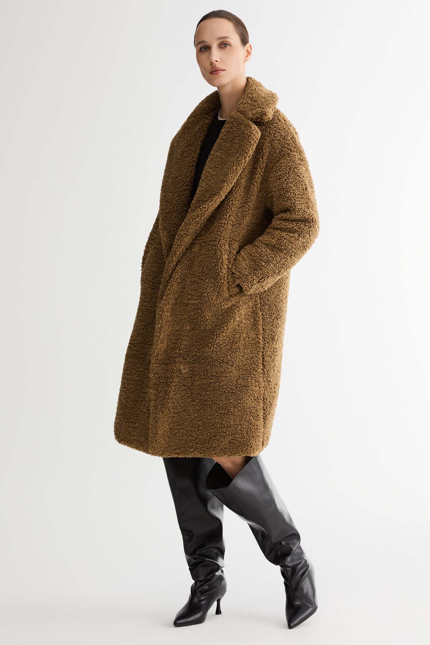 Knee-Length Fleece Lapel Down Coat
