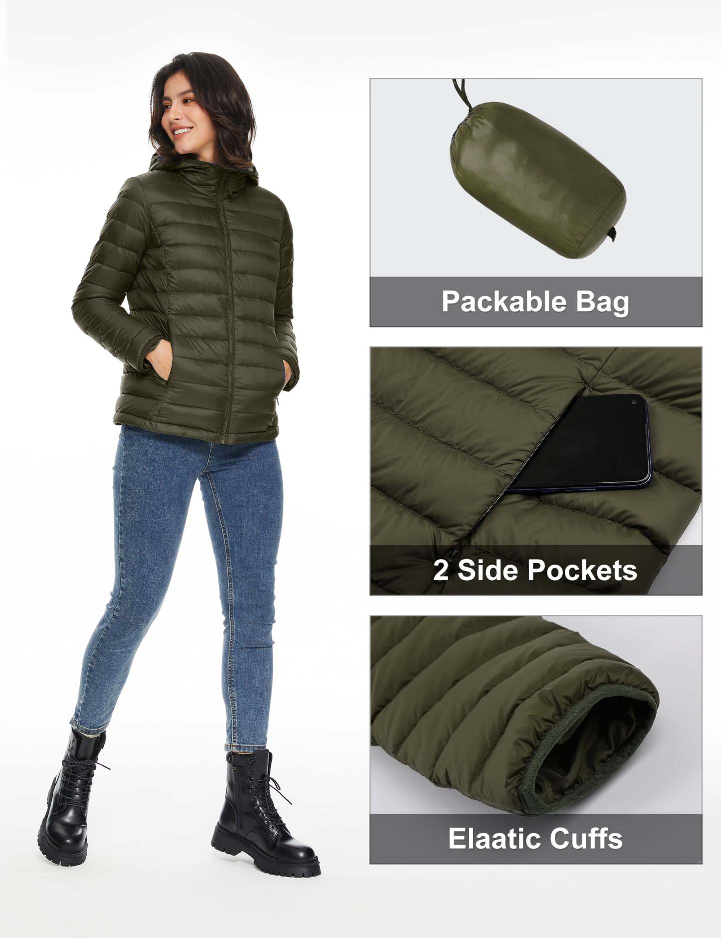 Lightweight Packable Down Jacket with Stand Collar with hood