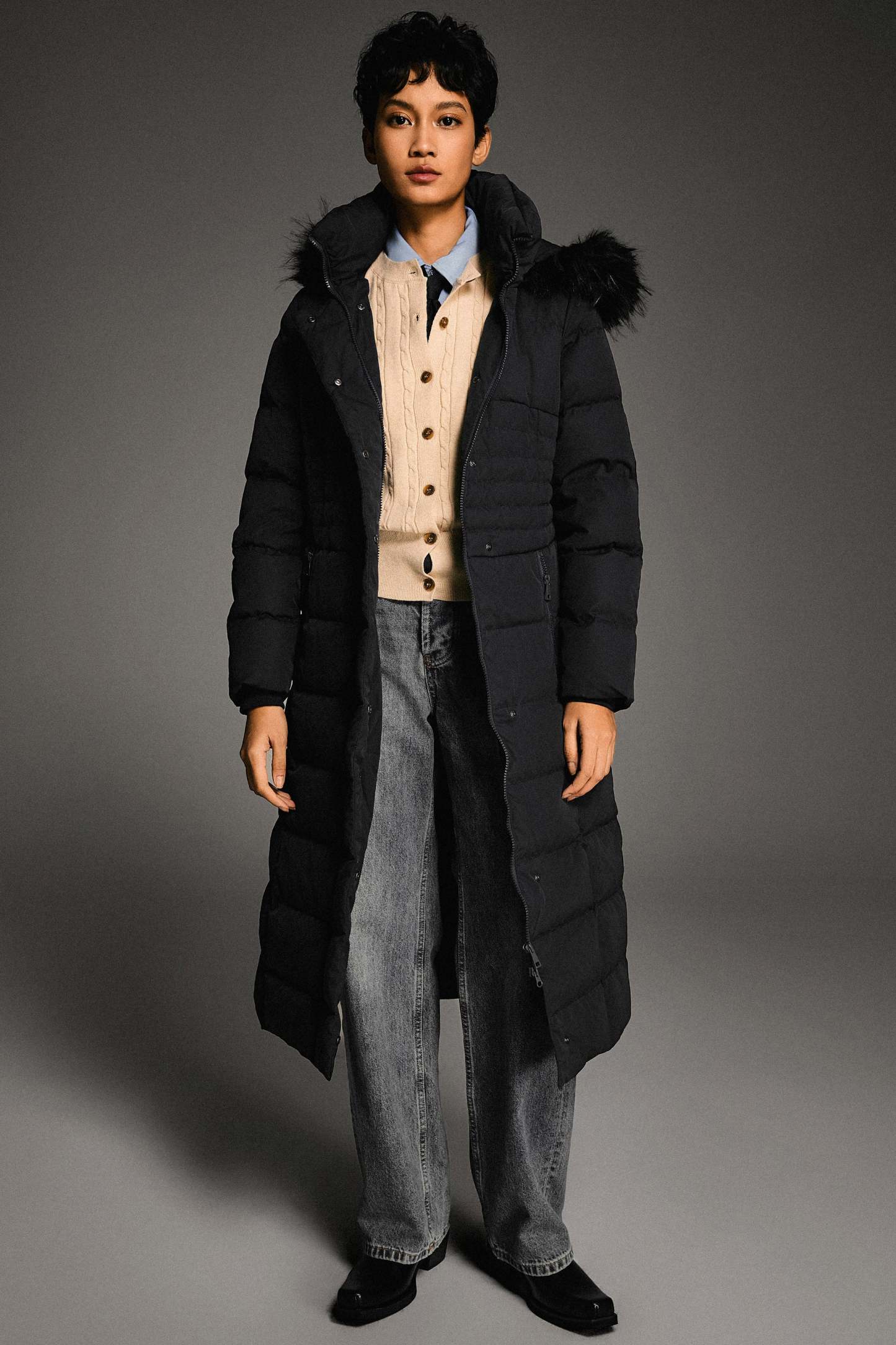 Long Puffer Down Coat with Hood Fur