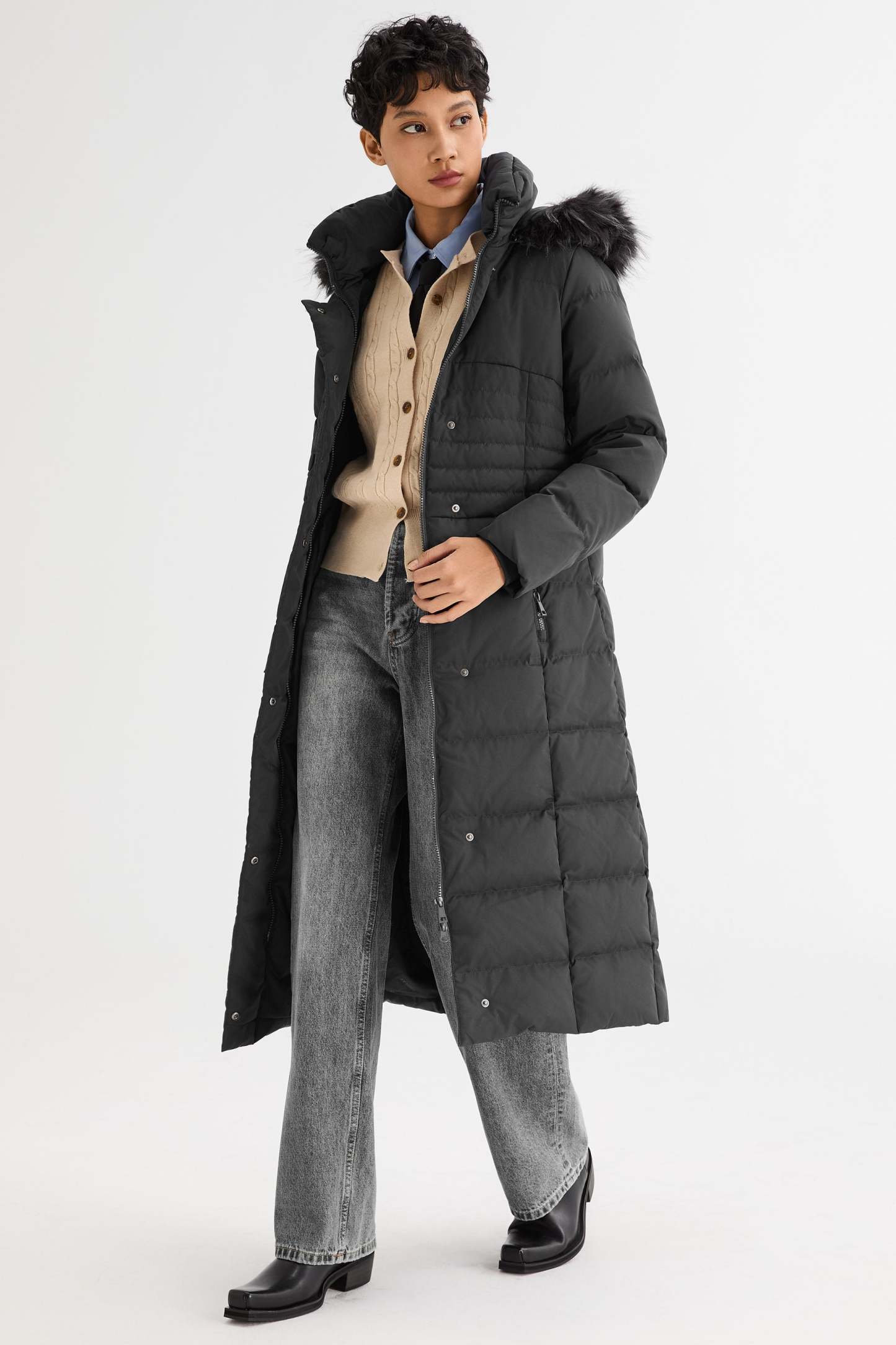 Long Puffer Down Coat with Hood Fur