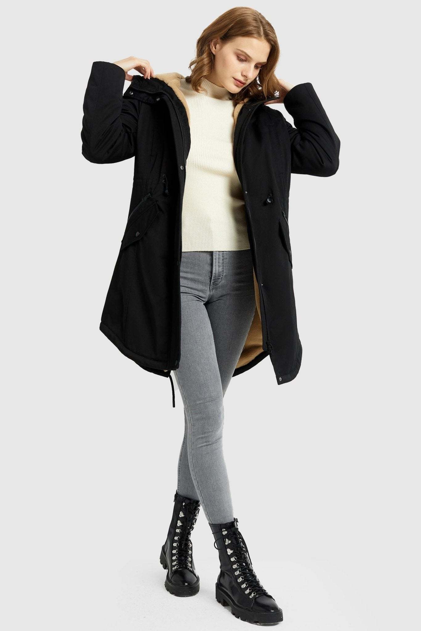Fleece-Lined Hooded Parka Jacket with Pockets