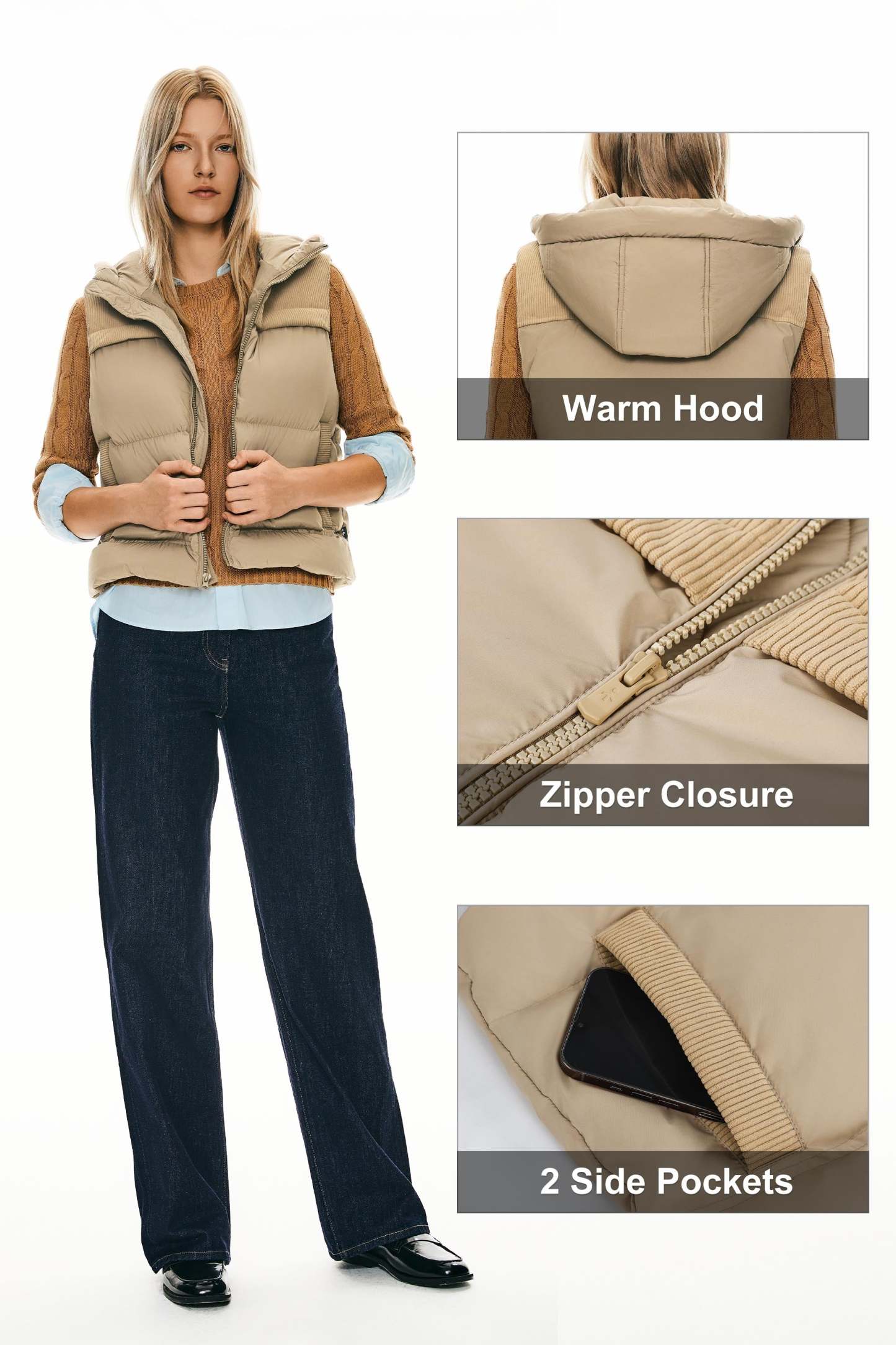Hooded Puffer Down Vest Cropped Zip Up Lightweight