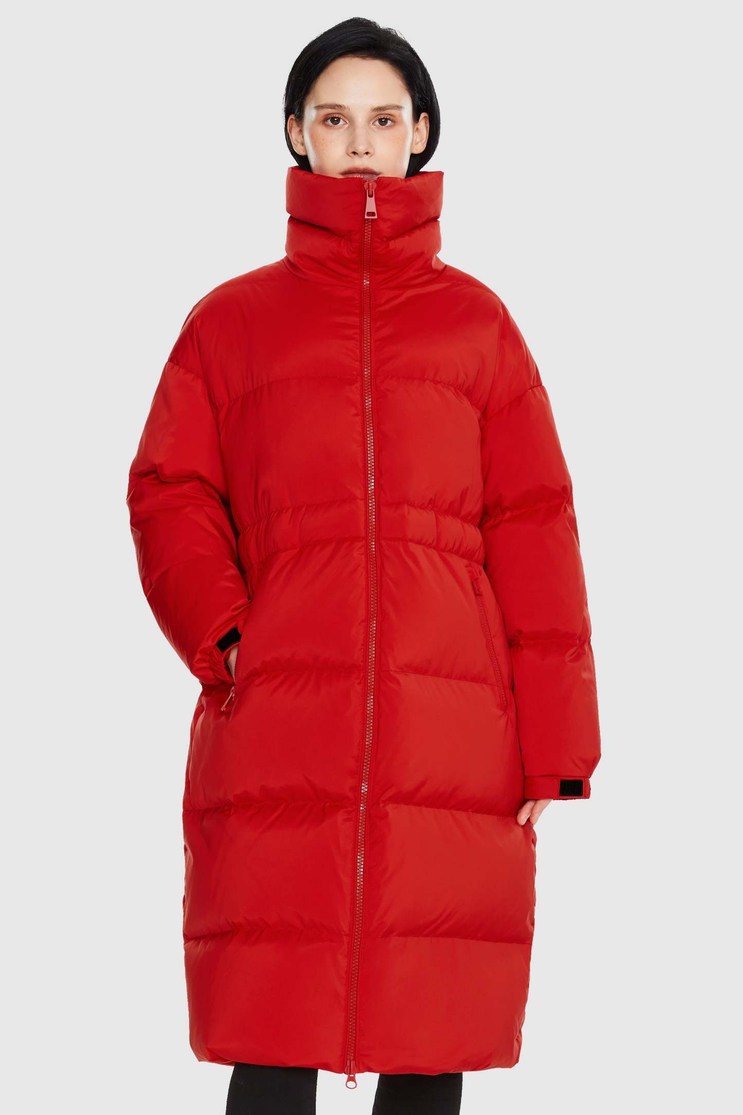 Long Down Puffer Jacket with Velcro Belt