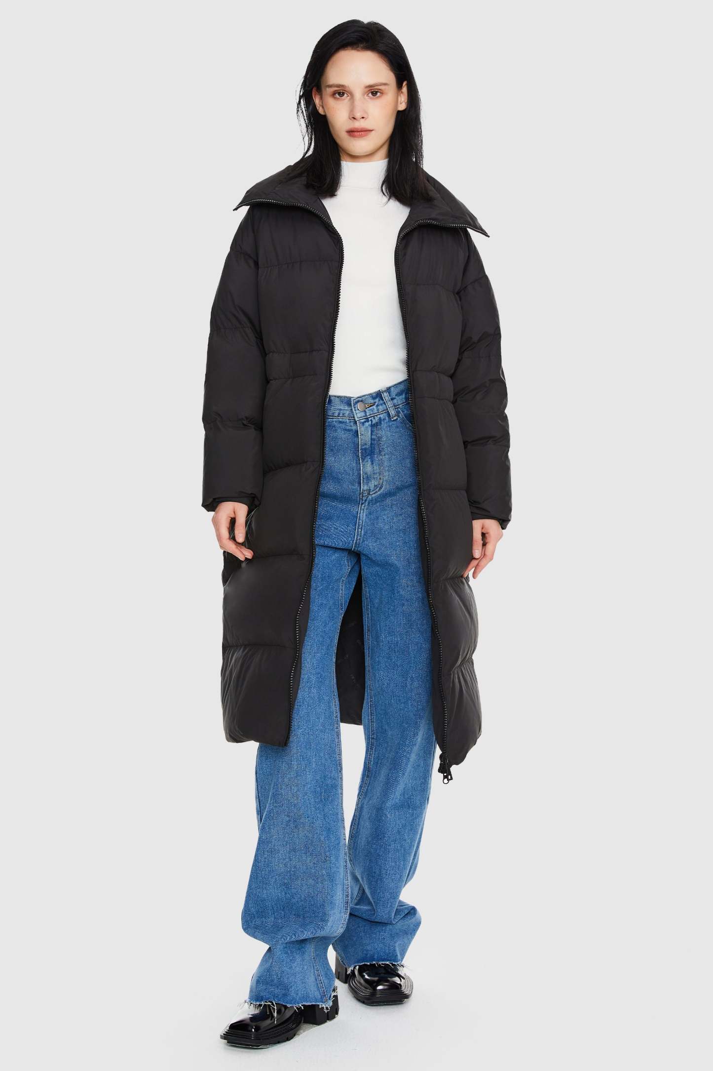 Long Down Puffer Jacket with Velcro Belt