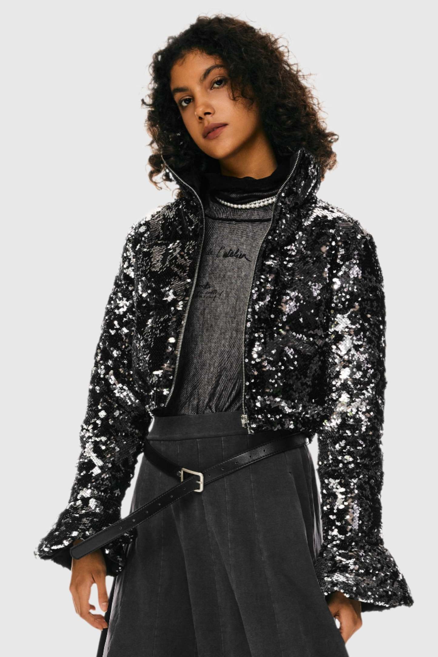 Sequin Fashion Petite Down Jacket with Stand Collar
