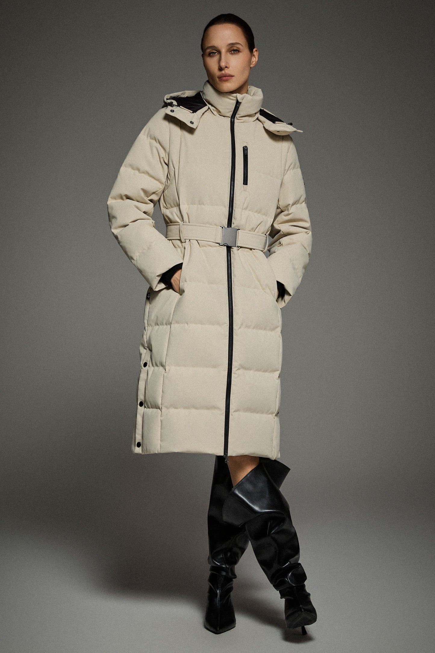 Celeste Long Hooded Belted Down Coat