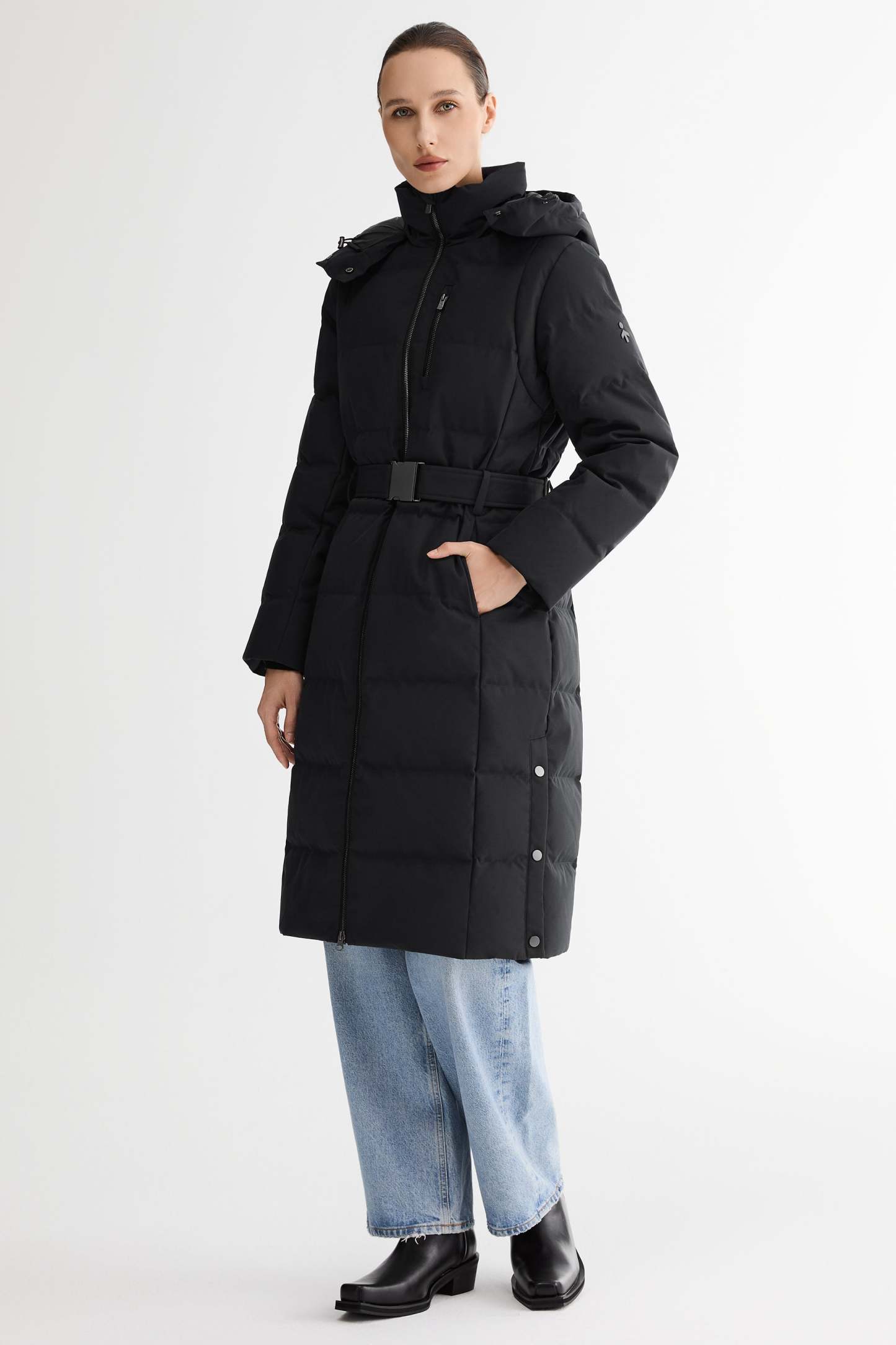 Celeste Long Hooded Belted Down Coat