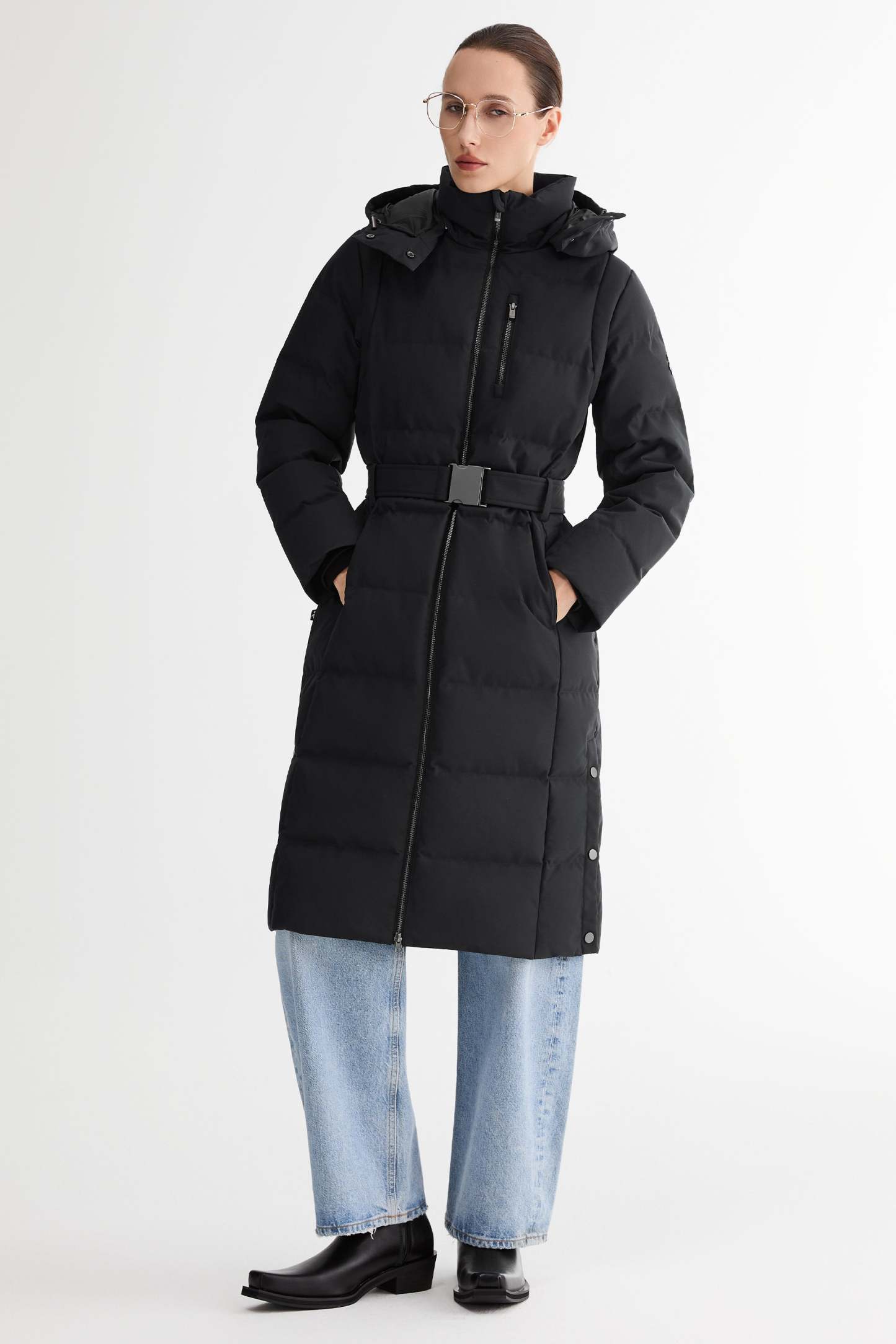 Celeste Long Hooded Belted Down Coat