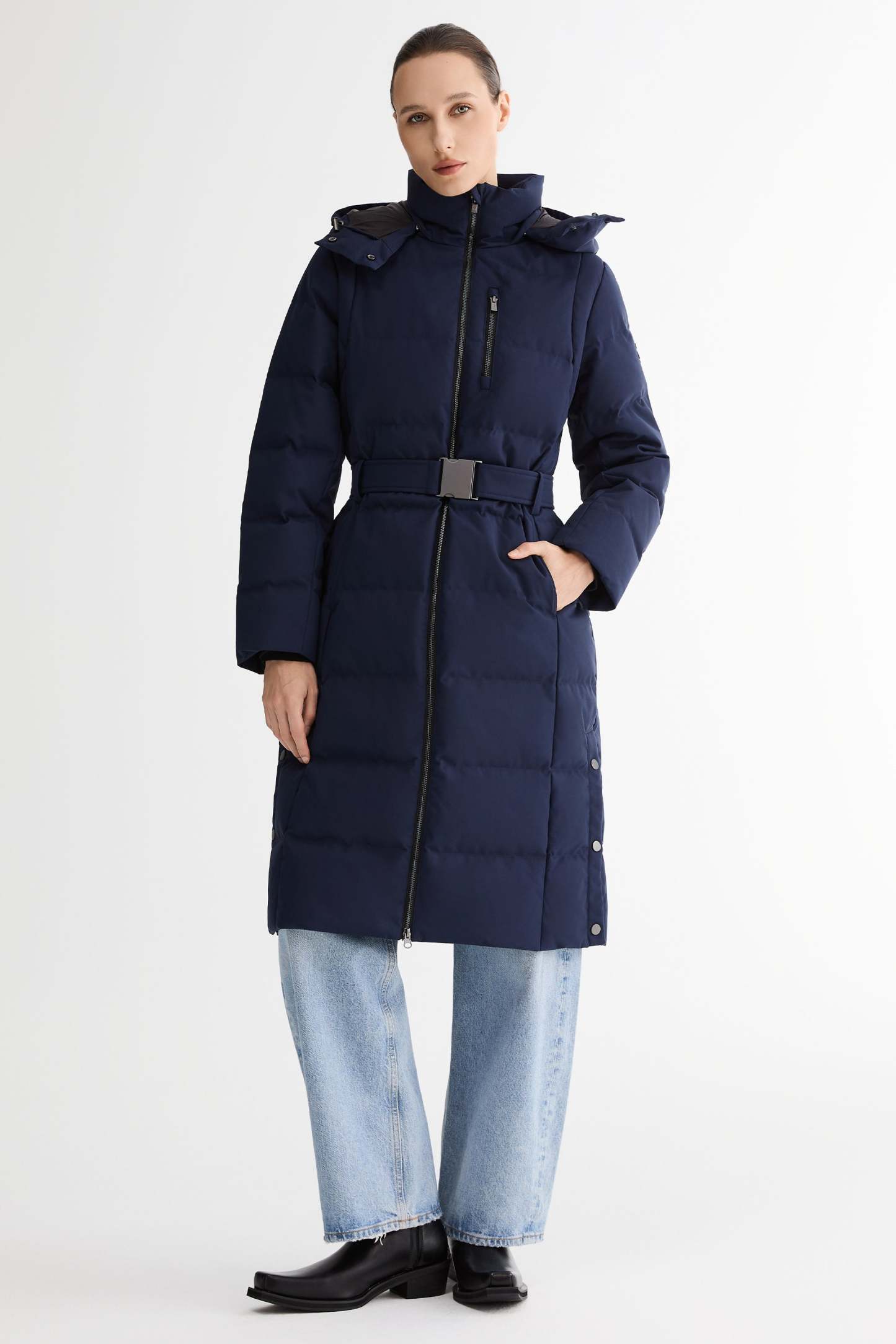 Celeste Long Hooded Belted Down Coat
