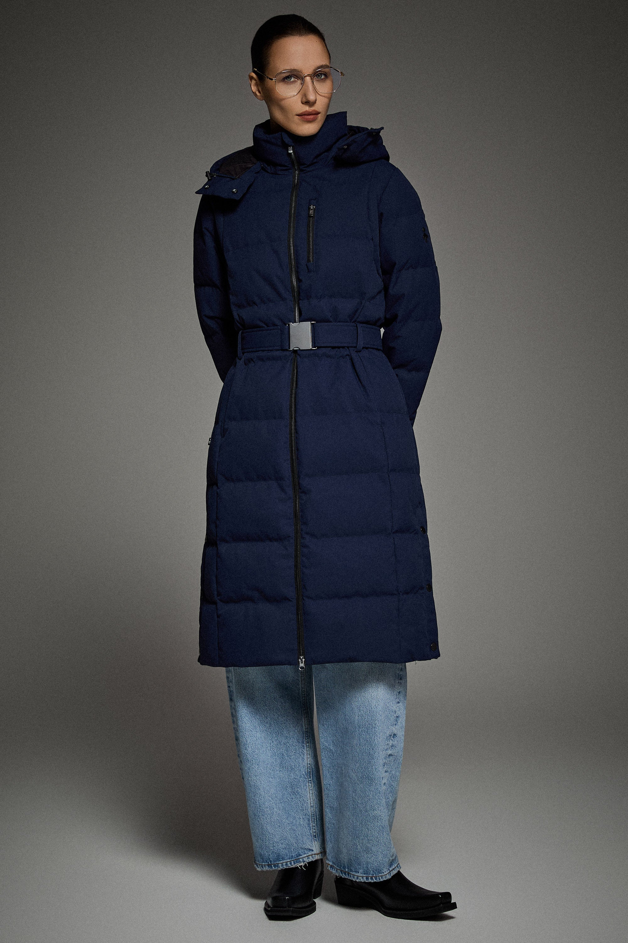 Celeste Long Hooded Belted Down Coat