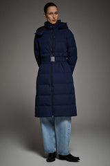 Celeste Long Hooded Belted Down Coat