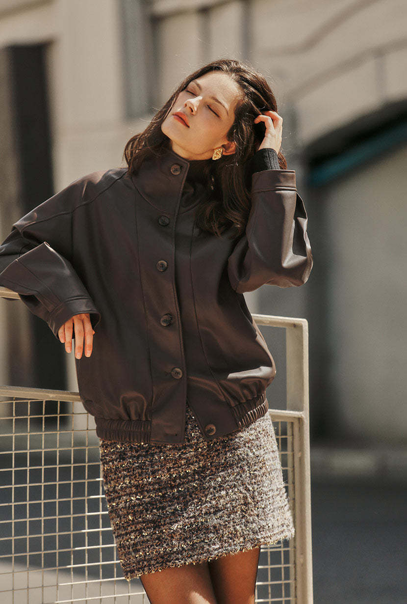 Ashley Oversized Faux Leather Jacket - Dark Umber