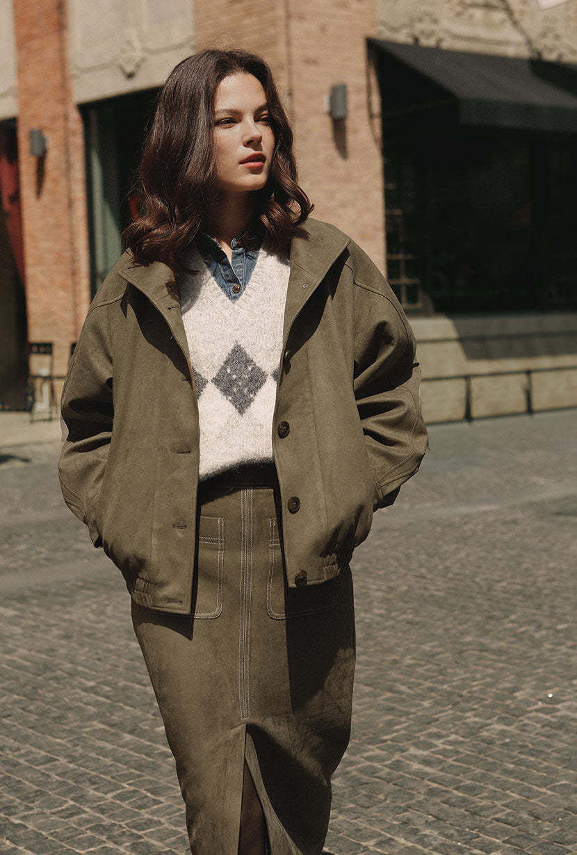 Ashley Oversized Suede Jacket - Kahki Green