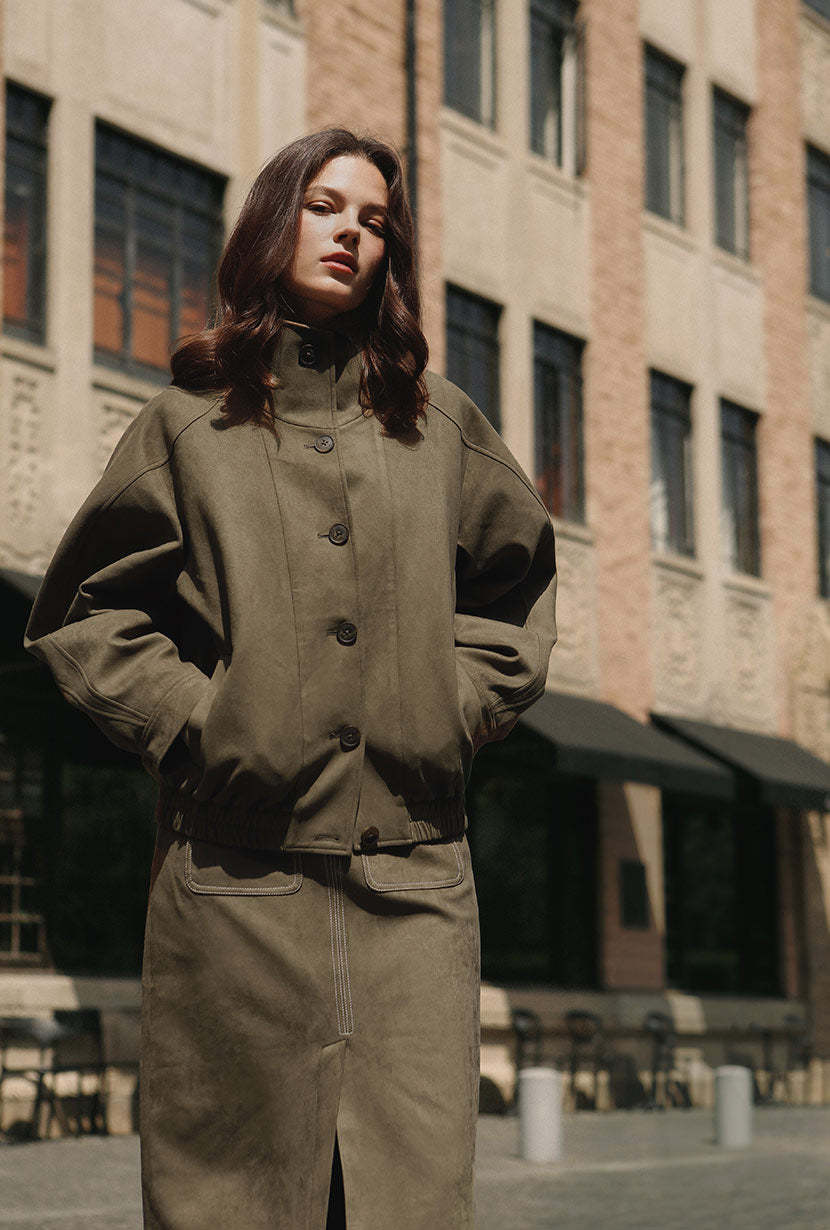 Ashley Oversized Suede Jacket - Kahki Green