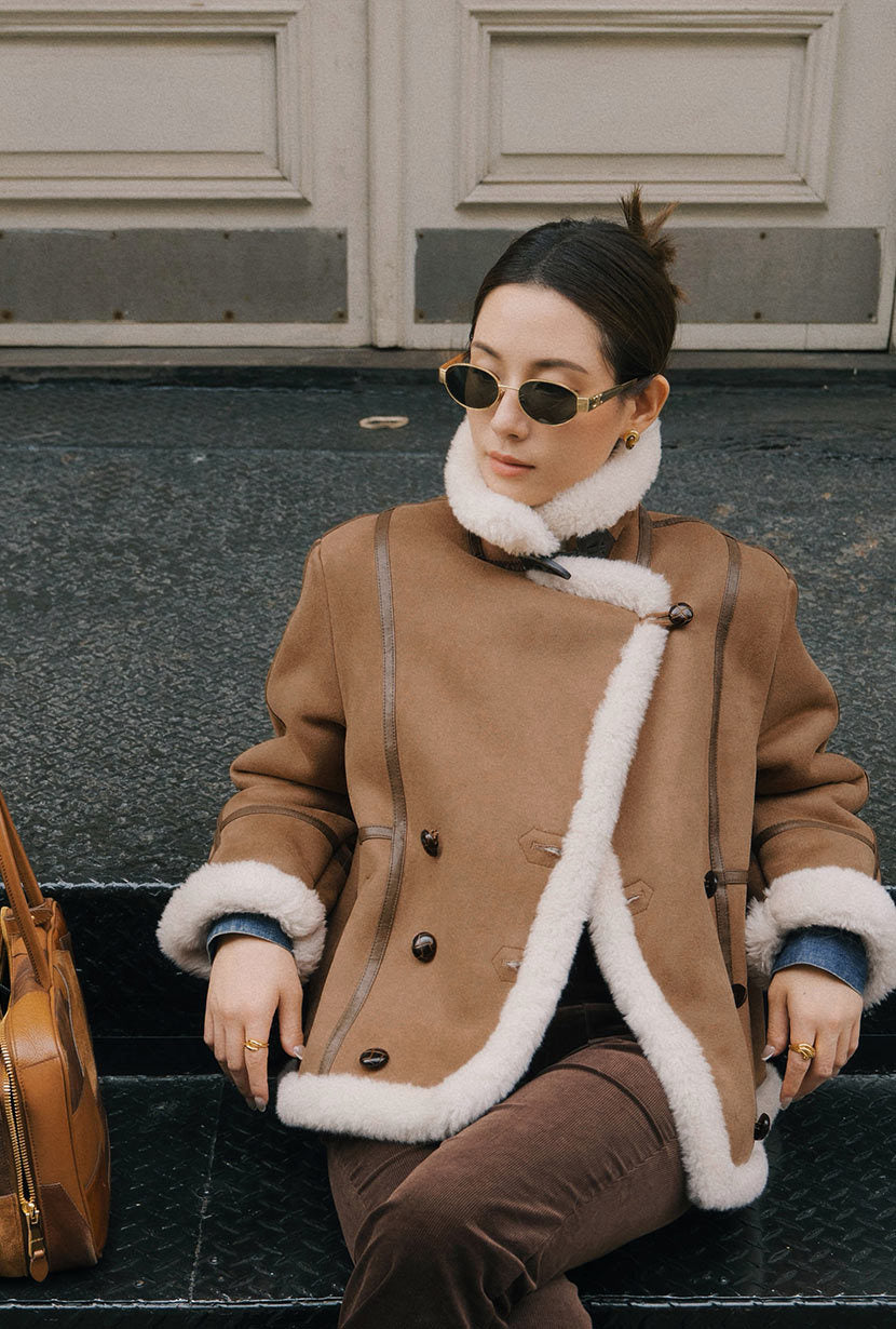 Callen Suede and Fur Faux Shearling Coat - Tawny