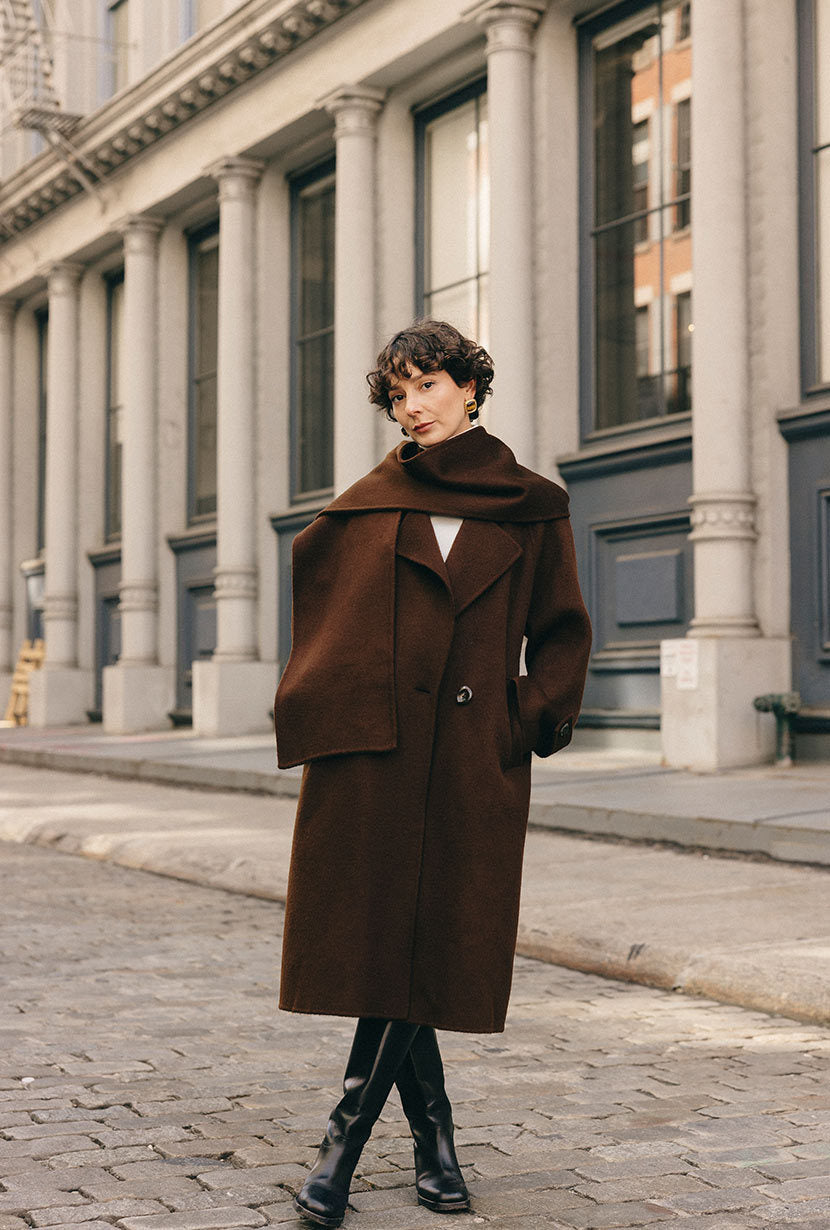 Carina Wool & Silk Scarf Coat - Chocolate