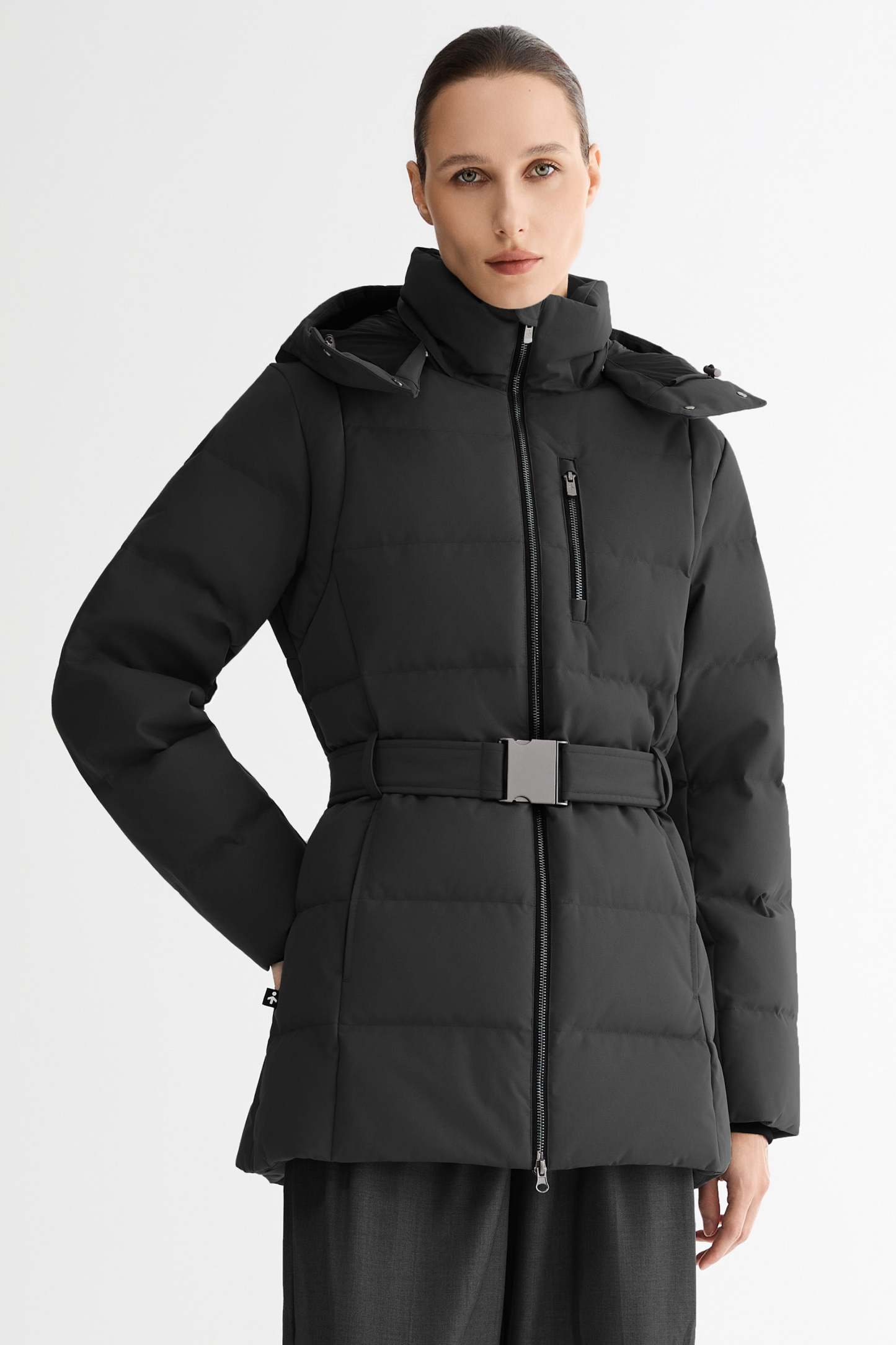 Celeste Polished Edge Belted Hooded Down Jacket